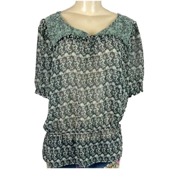 Rockmans 12 Green Floral Sheer Print Drop Elastic Waist Short Sleeve Blouse - Picture 2 of 6